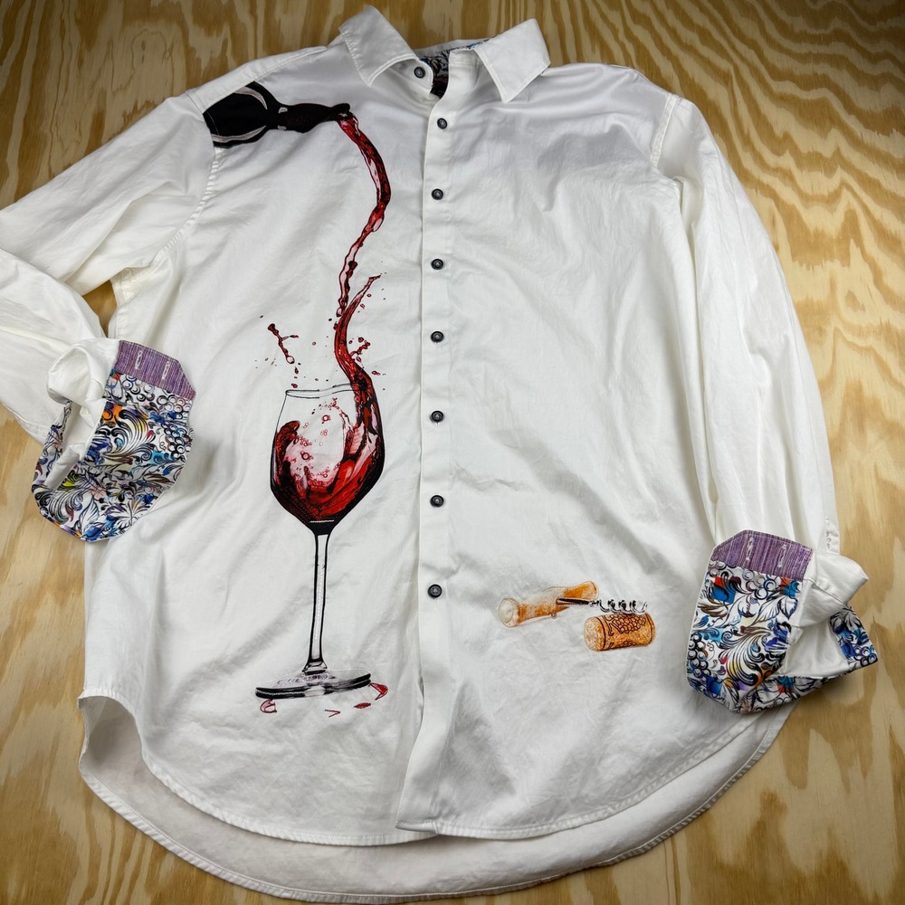 Robert Graham Wine Graphic Button Down Shirt White 1XLT Knowledge Wisdom Truth